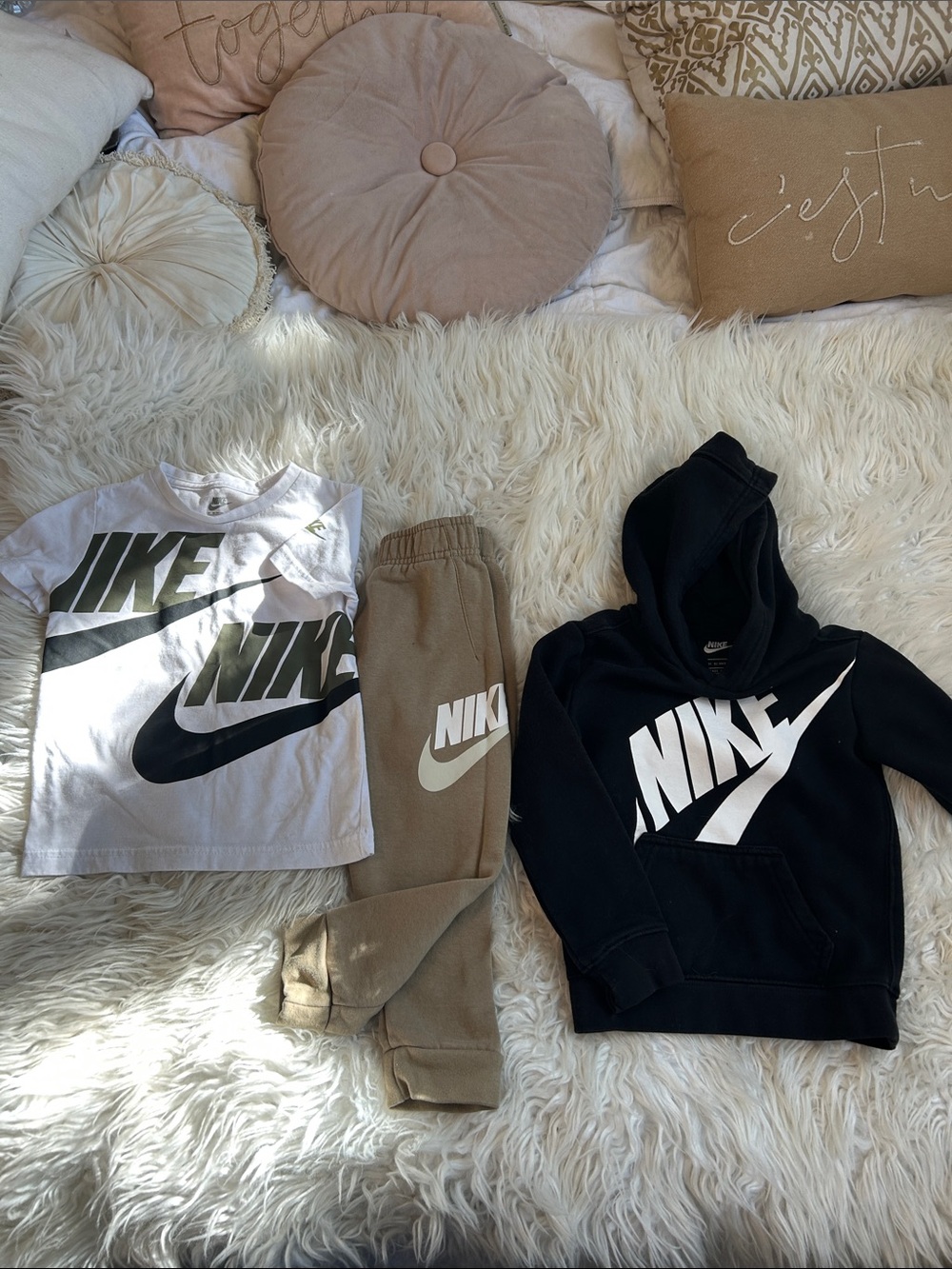 Nike Kids White Tee, Black Hoodie & Tan Joggers Set